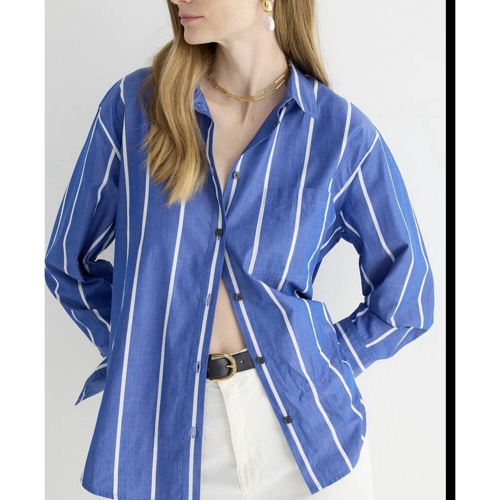 J.Crew Classic Poplin Cotton Button Down Shirt Striped Blue White Womens Sz PM